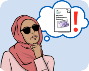 A woman wearing dark glasses thinking about personal independence payment