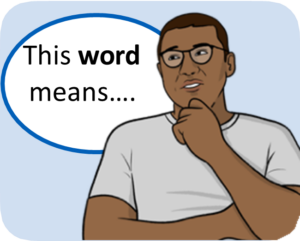 Man with a thuoght bubble that says 'this wird means...'