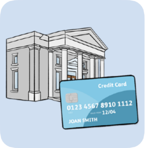 A bank building with a debit card in front of it